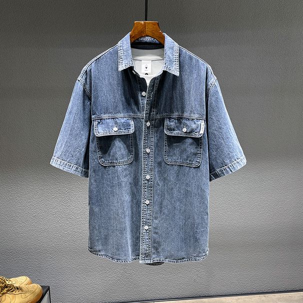 Oxford Spinning Shirt Men's Trendy Brand Versatile Solid Color Denim Shirt Men's Spring And Summer Thin Plus Fat Large Size Denim Top_mkmklike.com