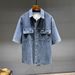Oxford Spinning Shirt Men's Trendy Brand Versatile Solid Color Denim Shirt Men's Spring And Summer Thin Plus Fat Large Size Denim Top_mkmklike.com