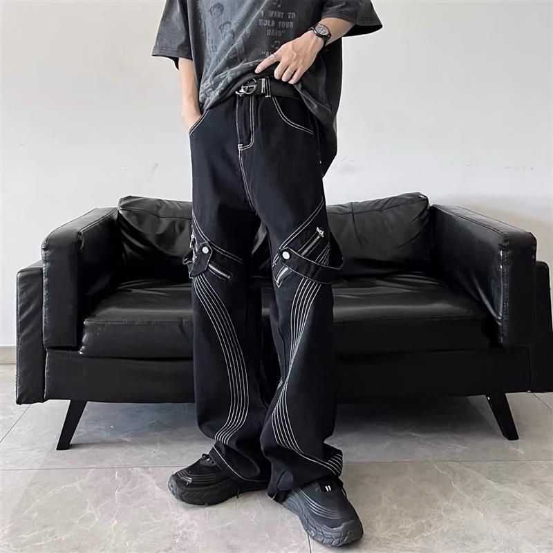 American retro washed hiphop loose straight jeans men ins trendy brand niche casual wide-leg overalls_mkmklike.com
