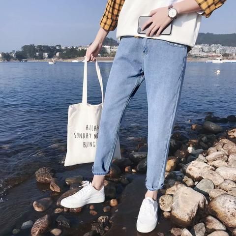 Vintage-Inspired High-Waisted Straight Leg Jeans Relaxed Fit Smoky Grey Washed Denim Elastic Waistband Floor-Length Hem for Men And Women_mkmklike.com