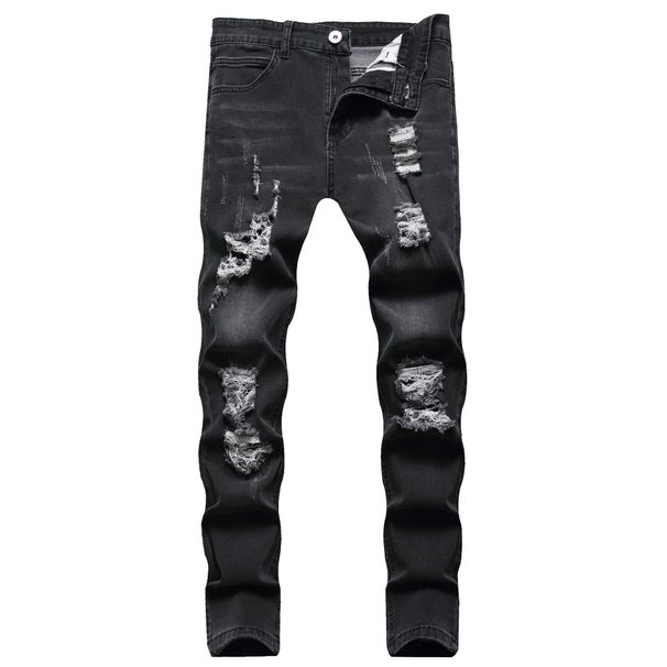Men's Slim Fit Ripped Jeans - Vintage Washed Stretch Denim Pants For Casual Streetwear (Black)_mkmklike.com