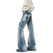 Men's Distressed Flared Jeans – Vintage-Inspired High Street Denim With Cat Whisker & Rivet Details (Blue, S-Xxxl)_mkmklike.com