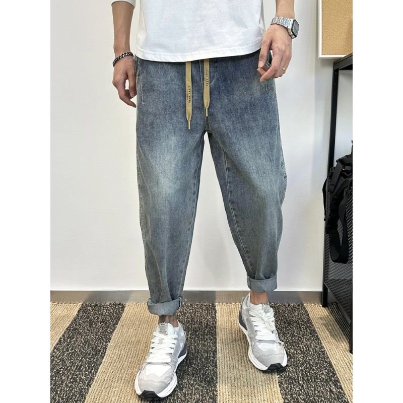 Men's Autumn Winter Denim Loose Harem Pants Elastic Waist Washed Drawstring Patchwork Jeans_mkmklike.com