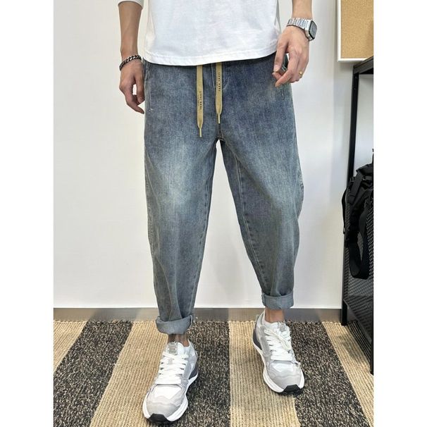 Men's Autumn Winter Denim Loose Harem Pants Elastic Waist Washed Drawstring Patchwork Jeans_mkmklike.com