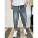 Men's Autumn Winter Denim Loose Harem Pants Elastic Waist Washed Drawstring Patchwork Jeans_mkmklike.com