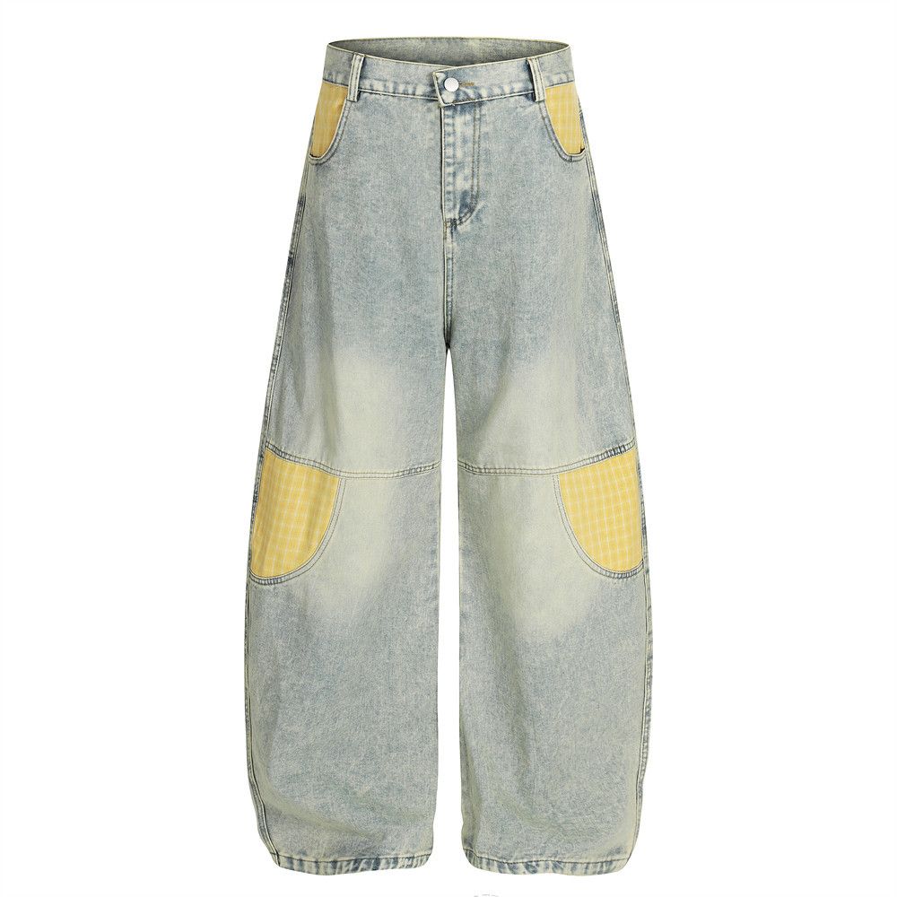 American Style Washed Vintage Denim Scimitar Pants Men's Trendy Brand Color Block Design Silhouette Wide-Leg Trousers_mkmklike.com