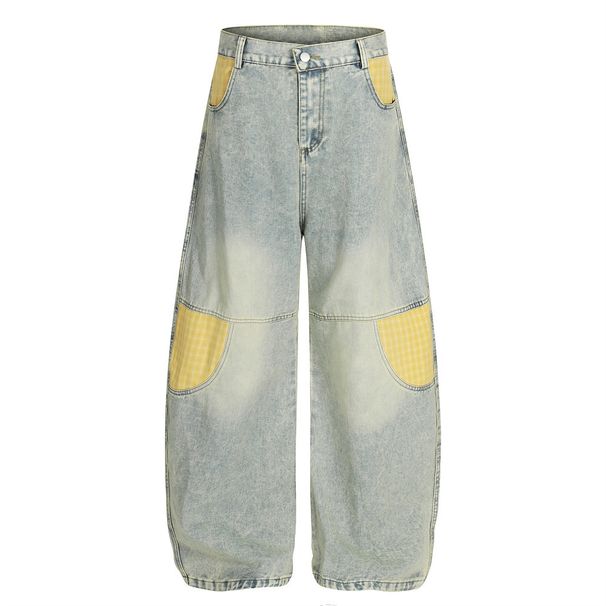American Style Washed Vintage Denim Scimitar Pants Men's Trendy Brand Color Block Design Silhouette Wide-Leg Trousers_mkmklike.com