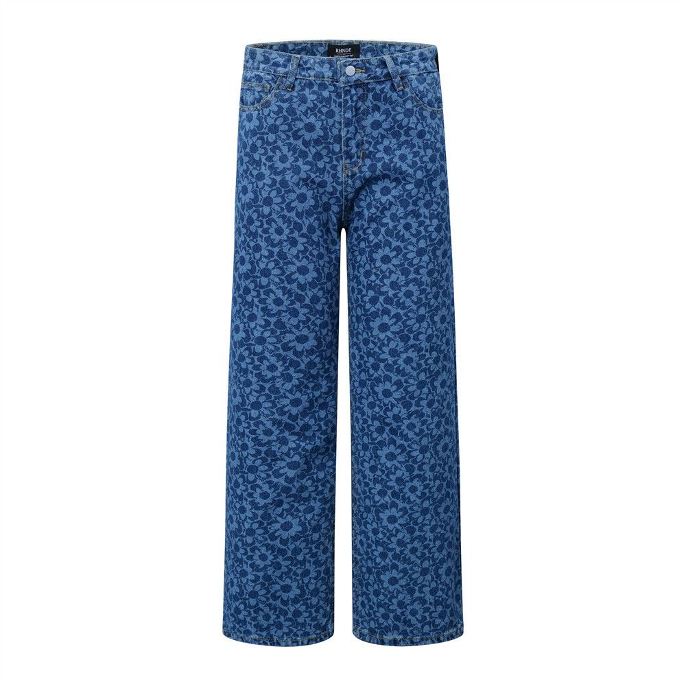 Unique High Street Leopard Print Straight-Leg Jeans For Men Trendy Personality Design Digital Full-Print Floral Casual_mkmklike.com