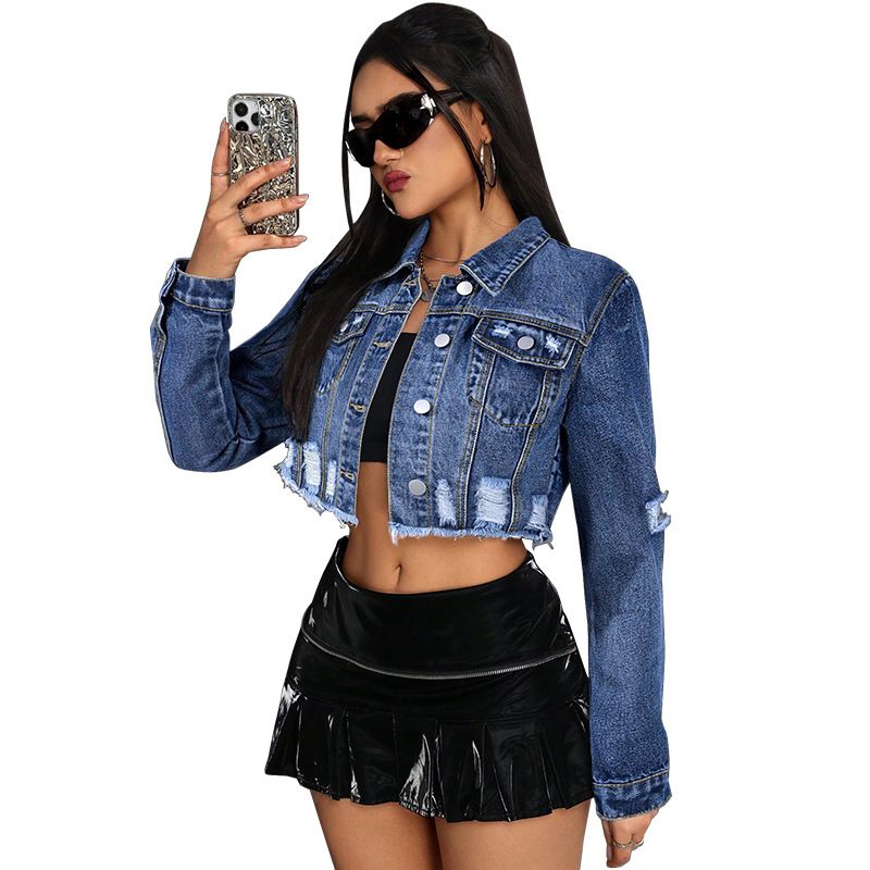 Women's Distressed Denim Jacket With Fringe Detail - Slim Fit Long Sleeve Blue Denim Shirt For Casual & Office Wear_mkmklike.com
