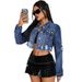 Women's Distressed Denim Jacket With Fringe Detail - Slim Fit Long Sleeve Blue Denim Shirt For Casual & Office Wear_mkmklike.com