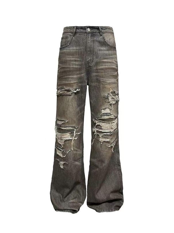 Men's Distressed Black Washed Jeans - Ripped Straight Leg Denim Pants With Oil Stains & Comfort Fit (Sizes 28-36)_mkmklike.com