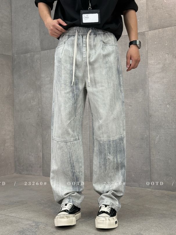 Men's Clothing Vintage American Straight Leg Jeans Relaxed Fit Distressed White Denim Pants With Elastic Waist, Casual Wear For All Seasons_mkmklike.com