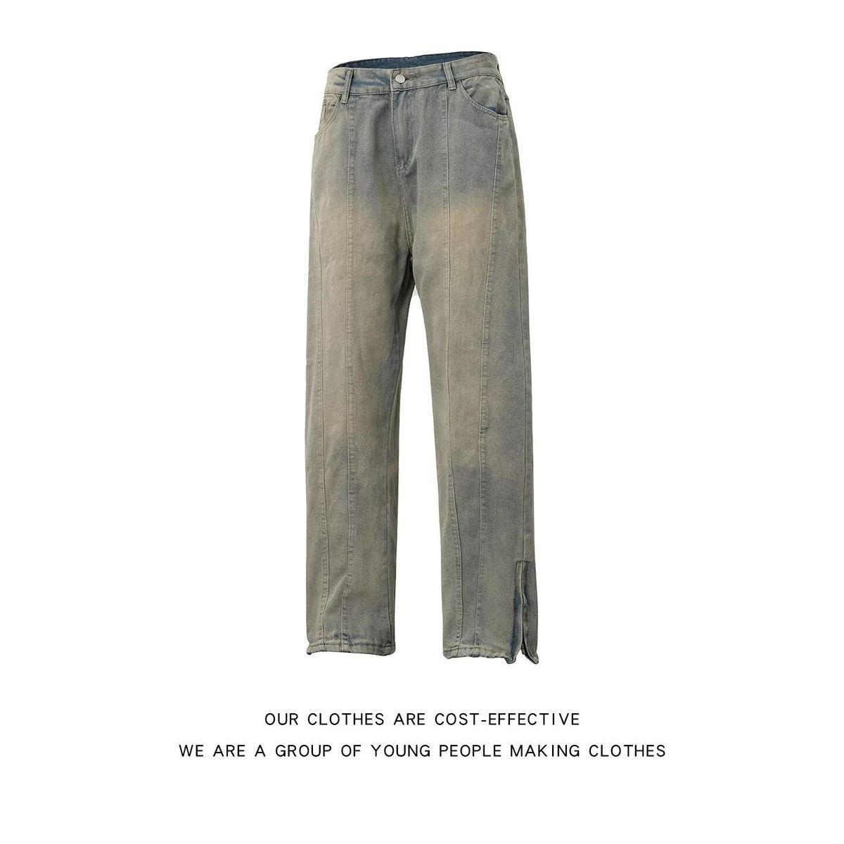 Blue Jeans, Spring/autumn, Zip Up, Slit Jeans, Straight Leg, Minimalist, Heavy Duty, High Street American Style._mkmklike.com