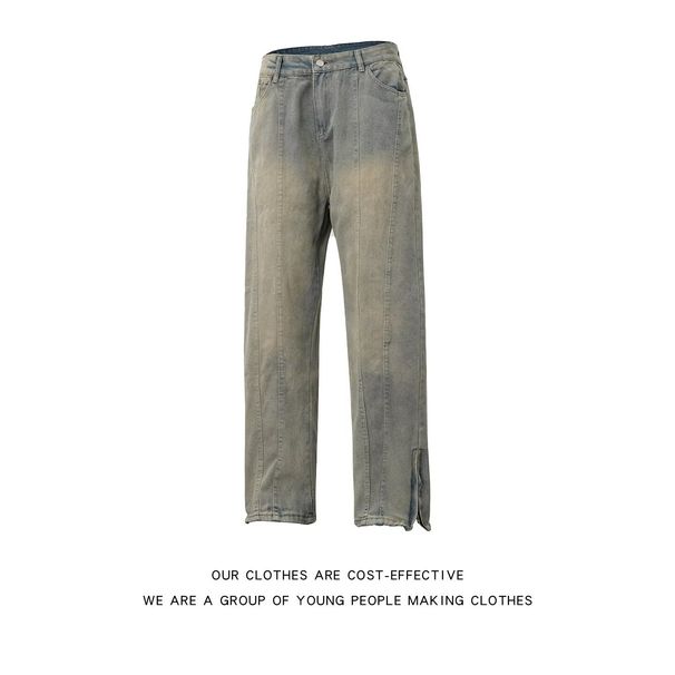 Blue Jeans, Spring/autumn, Zip Up, Slit Jeans, Straight Leg, Minimalist, Heavy Duty, High Street American Style._mkmklike.com