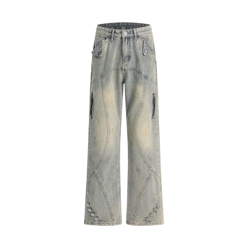 Pot-Indutrial Style Ditreed Wahed Ripped Jean Men' Vibe Trendy Brand Punk Niche Deign Split Patchwork Long_mkmklike.com