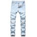 Men's Straight Slim Fit Ripped Jeans Midweight Polyester Denim White Point Non-Elastic Cropped Skinny Pants_mkmklike.com