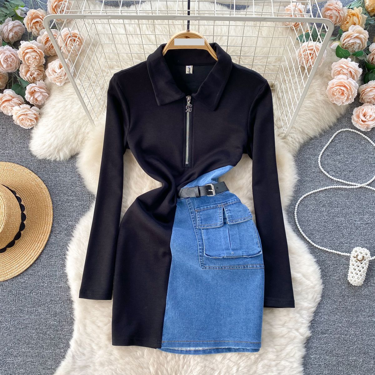Women's Clothing 2024 Spring Women's Design Sense Contrast Color Stitching Niche Zipper Slim Short Denim Hip Skirt Dress Women_mkmklike.com