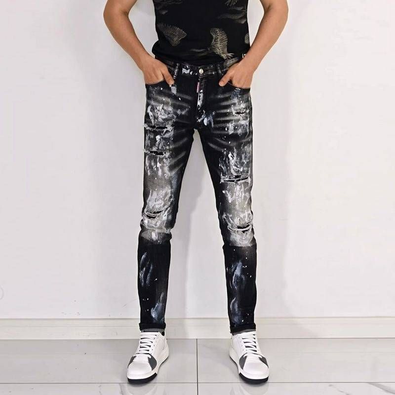 Men's Clothing Ripped Black And White Patch Trend Elastic Slim Fit Pants High End Casual Men's Pants_mkmklike.com