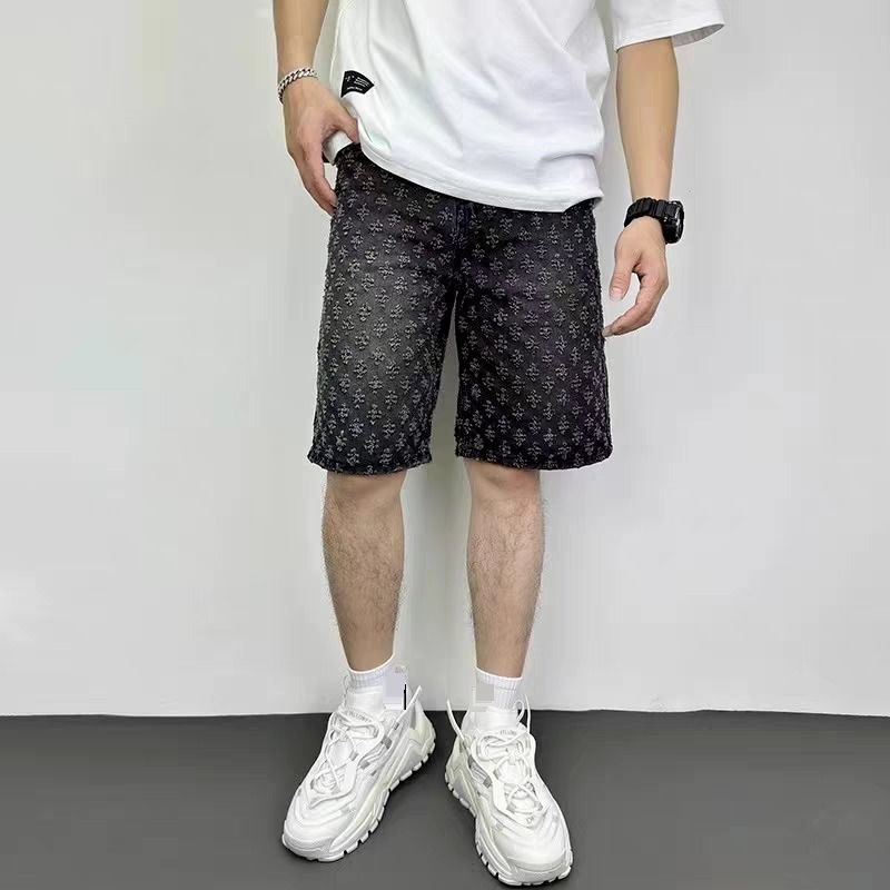 Retro Blue Jacquard Denim Shorts Men Summer American Trendy Brand All Match Washed Distressed Straight Five Point Half Length Pants_mkmklike.com