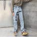 Men's Clothing Vintage Washed Denim Jeans With Letter Embroidery - American Hip Hop Straight Loose Fit High Street Pants For Men And Women_mkmklike.com