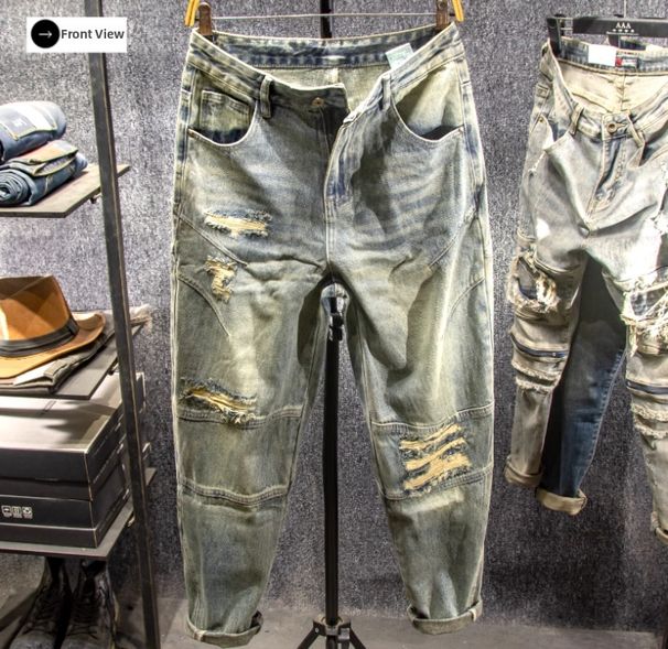 Retro Casual Ripped Blue Jeans Straight Leg Patched Men's Denim Pants Trendy Autumn Style New American 2025_mkmklike.com