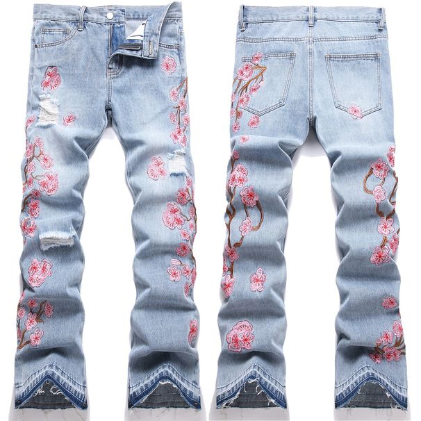 Men's Flared Jeans Retro 70s Style High Waist Wide Leg Denim Pants With Embroidered Plum Blossom Design - Light Blue_mkmklike.com