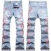 Men's Flared Jeans Retro 70s Style High Waist Wide Leg Denim Pants With Embroidered Plum Blossom Design - Light Blue_mkmklike.com