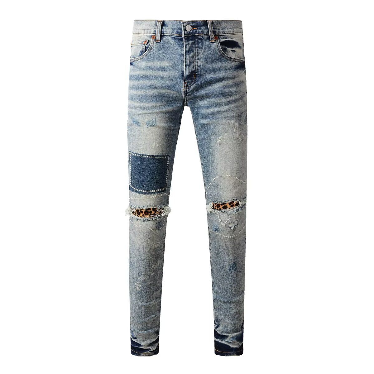 Trendy Streetwear Black Ripped Jeans Men's Slim Fit Stretch Denim With Splatter Paint Design American Style_mkmklike.com
