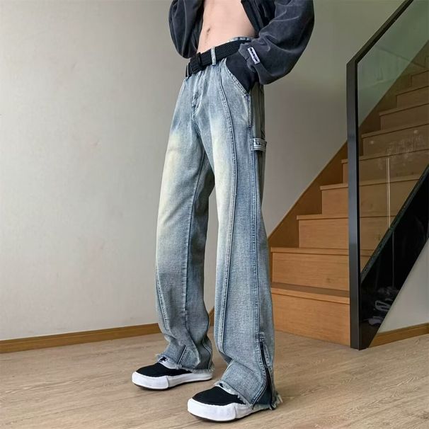 Men's Frayed Flared Jeans Loose Fit Straight Leg High Street Style Retro Zipper_mkmklike.com
