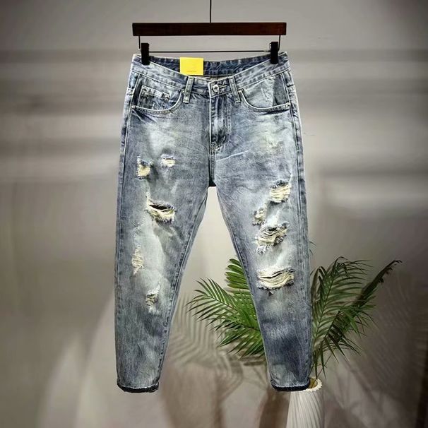 Men's Clothing Ripped Nine Point Jeans Thin Style Trendy Brand Slim Fit Skinny Pants_mkmklike.com