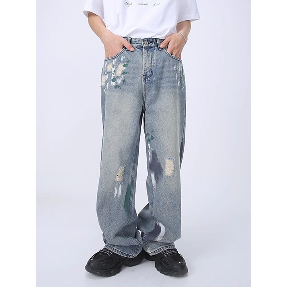 Men's Clothing Slim Fit Jeans For Men Loose Distressed Loose Fit Straight Leg Jeans - Trendy Ripped Denim Pants For Casual Wear (Light Blue, S-3XL)_mkmklike.com