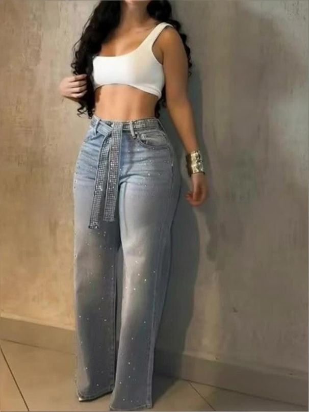 Women's High Waist Wide Leg Jeans Rhinestone Embellished Belted Denim Zipper Jacket England Style Spring/Autumn Fashion_mkmklike.com