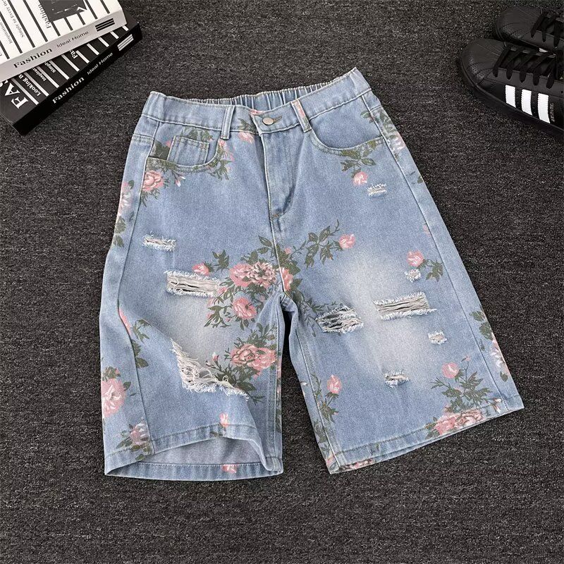 Summer Retro Floral Print Ripped Denim Shorts Men's Distressed Trendy Loose Straight Leg Washed Five-point Pants_mkmklike.com