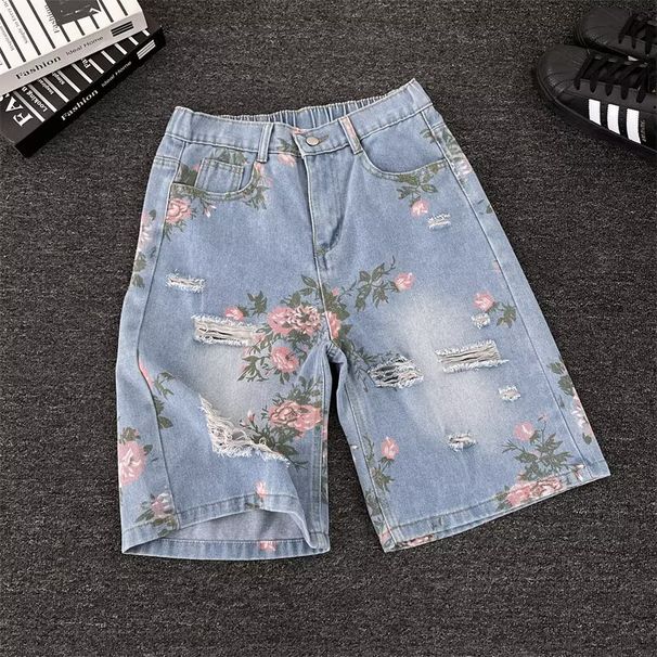 Summer Retro Floral Print Ripped Denim Shorts Men's Distressed Trendy Loose Straight Leg Washed Five-point Pants_mkmklike.com