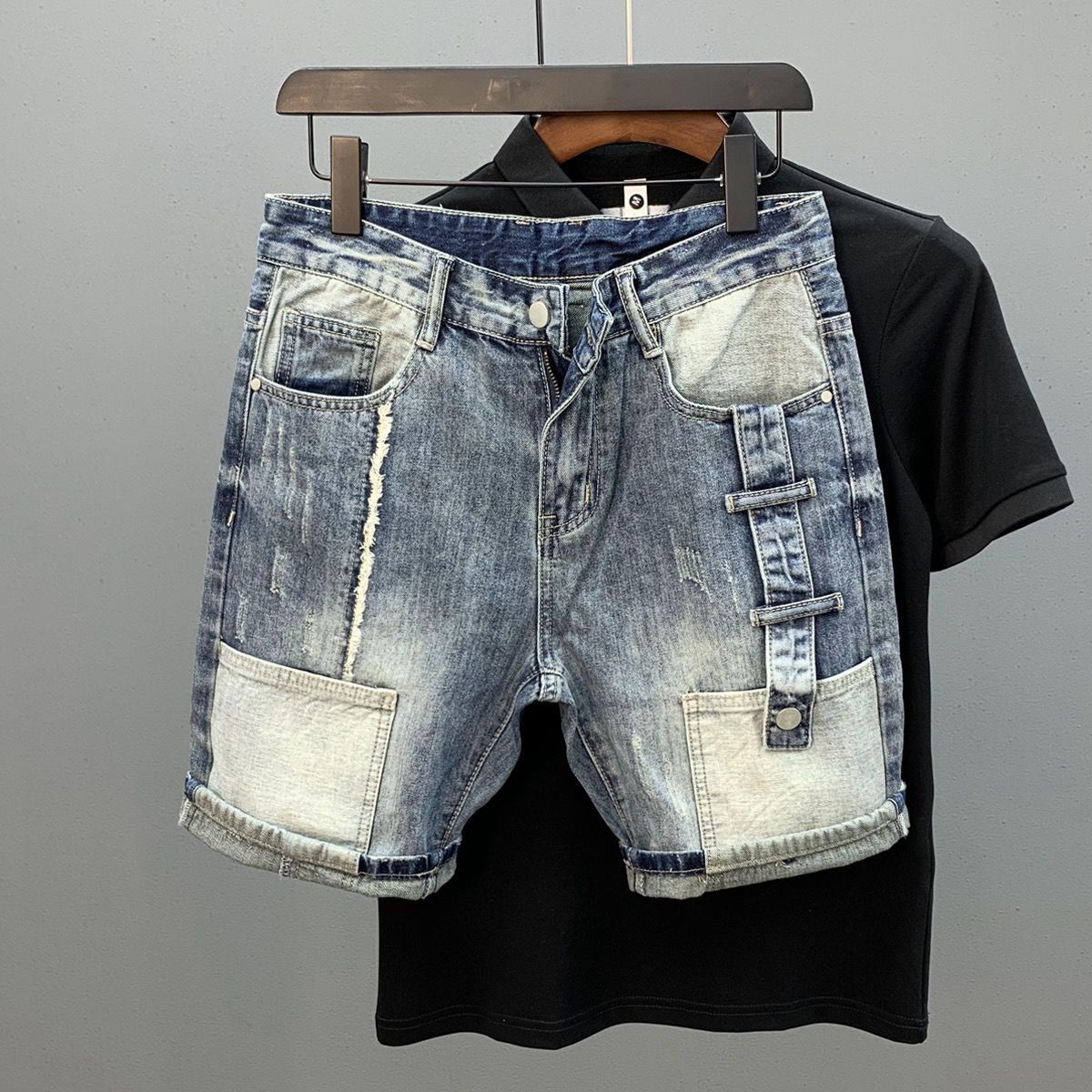 Men's Clothing Men's Unique Multi Pocket Color Blocked Denim Shorts Style Trendy Casual Five Point Pants Summer_mkmklike.com