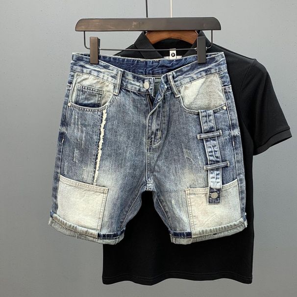 Men's Clothing Men's Unique Multi Pocket Color Blocked Denim Shorts Style Trendy Casual Five Point Pants Summer_mkmklike.com
