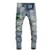 Men's Distressed Slim Fit Jeans Vintage Light Blue Washed Denim with Snake Embroidery Streetwear Skinny Jeans_mkmklike.com