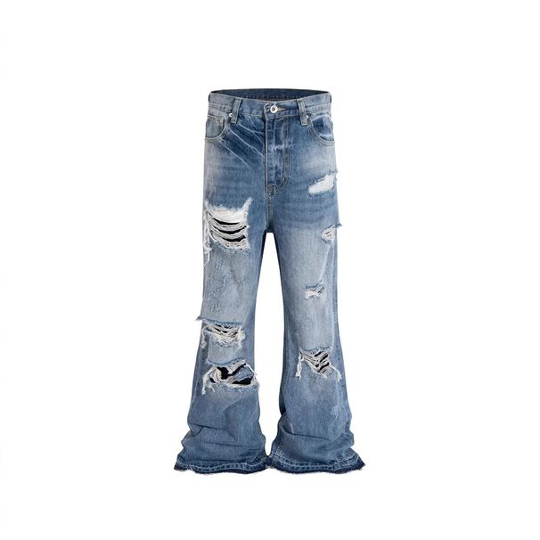 Men's High Street Vintage Distressed Washed Blue Jeans With Cat Whiskers & Frayed Hem - Slim Bootcut Stretch Denim Pants For Summer Casual Wear_mkmklike.com