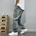 Men's Heavyweight Washed Distressed Denim Jeans Casual Tapered Straight Leg mid Waist Cotton Zipper Fly with Patches Embroidered Prints_mkmklike.com