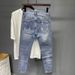 Men's 9-Hole Distressed Jeans Slim Fit Light Blue Vintage Washed Denim Pants For Casual Streetwear_mkmklike.com