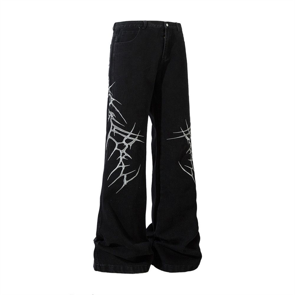 Dark Style High Street Trend Niche Embroidered Flared Jeans For Men With Thorn Design Loose Wide-Leg Bell-Bottom Pants_mkmklike.com