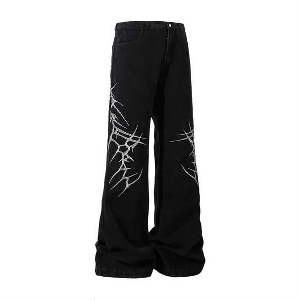 Dark Style High Street Trend Niche Embroidered Flared Jeans For Men With Thorn Design Loose Wide-Leg Bell-Bottom Pants_mkmklike.com