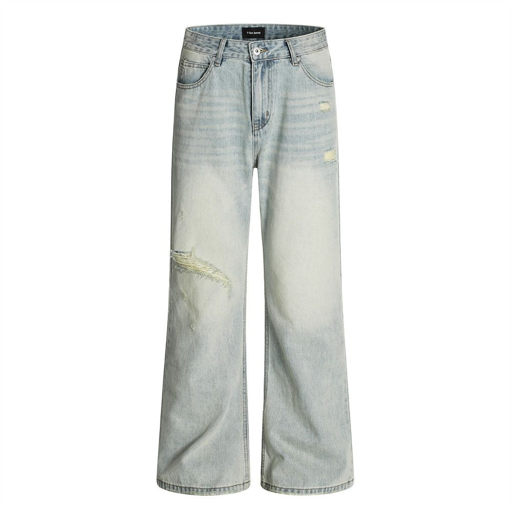 Light Washed Ripped Jeans For Men Punk Vintage Distressed Loose Casual Vib American Street Style Flared Pants_mkmklike.com