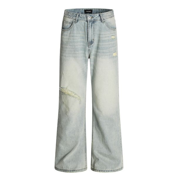 Light Washed Ripped Jeans For Men Punk Vintage Distressed Loose Casual Vib American Street Style Flared Pants_mkmklike.com