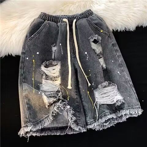 Men's Clothing Niche All Match Retro Distressed Blue Loose Straight Wide Leg Cropped Pants Drape Denim Shorts_mkmklike.com