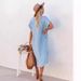 Women's Clothing Solid Color Denim Short Sleeve Dress Mid-Length Slit Shirt Dress_mkmklike.com