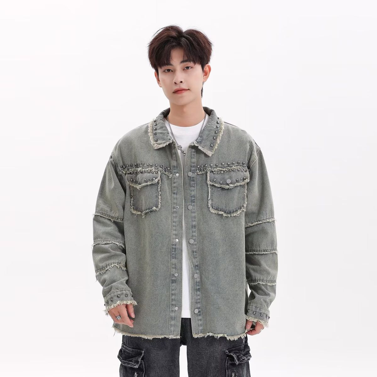 Men's Clothing Fashion Loose Metal Punk Denim Rivet Jacket Design Raw Edge Advanced Trend Black Jacket_mkmklike.com