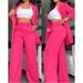 Women's Elegant Solid Color Slit Lapel Suit with Pockets Straight Leg Pants Two Piece Suit (No Vest)_mkmklike.com