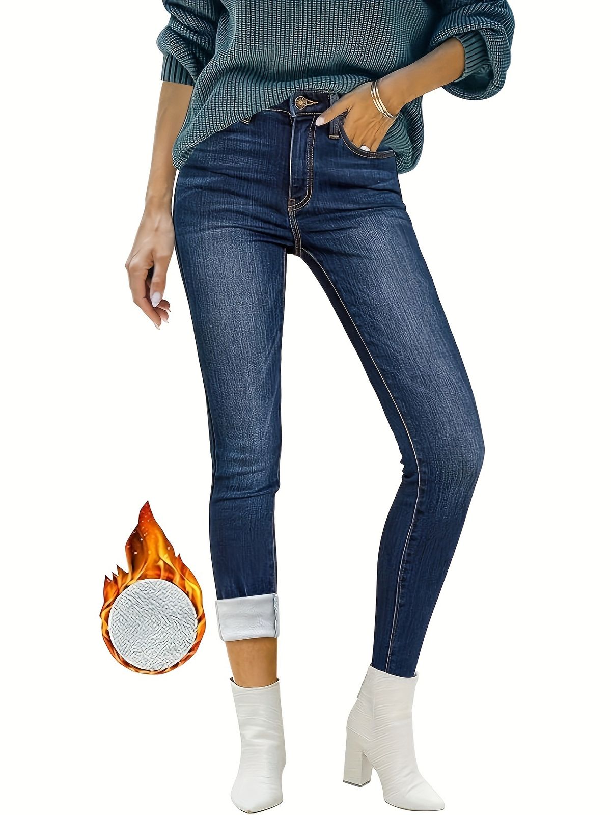 Women's Clothing Front Button Pocket Simple Plus Velvet Skinny Pants_mkmklike.com