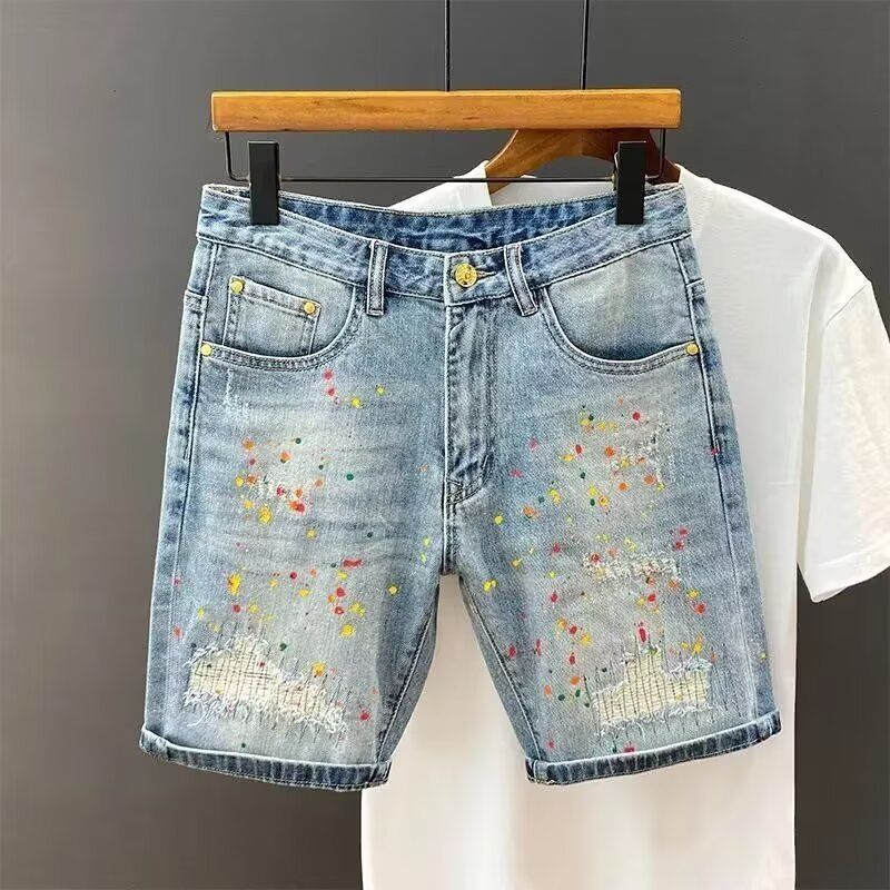 Men's Distressed Denim Shorts with Splatter Print Korean Slim Fit 5-Inch Inseam Casual Summer Shorts Patch Details_mkmklike.com